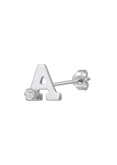 14K Gold White Topaz Initial Single Stud Earring