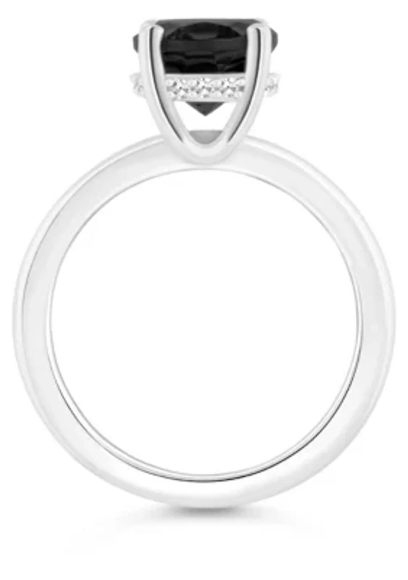 Sterling Silver 10x8mm Oval Black Onyx 1/10 CTTW Diamond Hidden Halo Ring