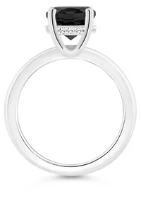 Sterling Silver 10x8mm Oval Black Onyx 1/10 CTTW Diamond Hidden Halo Ring