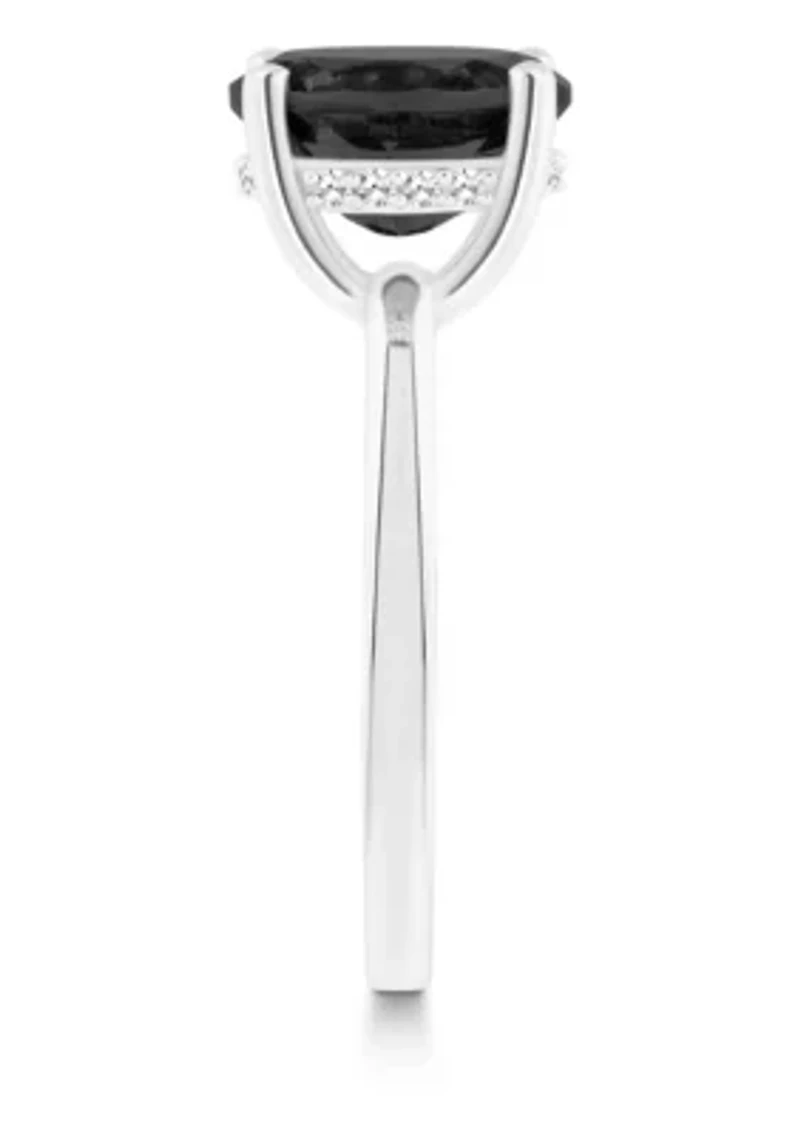 Sterling Silver 10x8mm Oval Black Onyx 1/10 CTTW Diamond Hidden Halo Ring