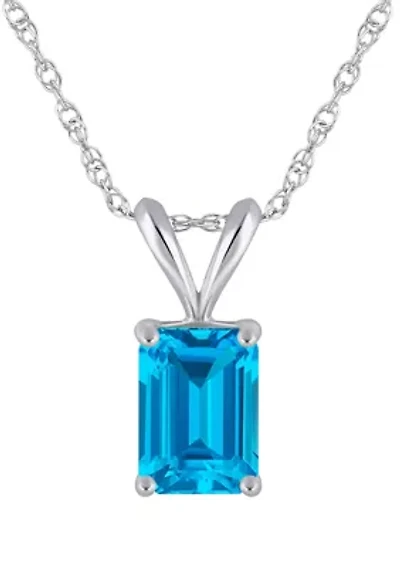 14K Gold 7x5mm Emerald Cut Blue Topaz Pendant Necklace