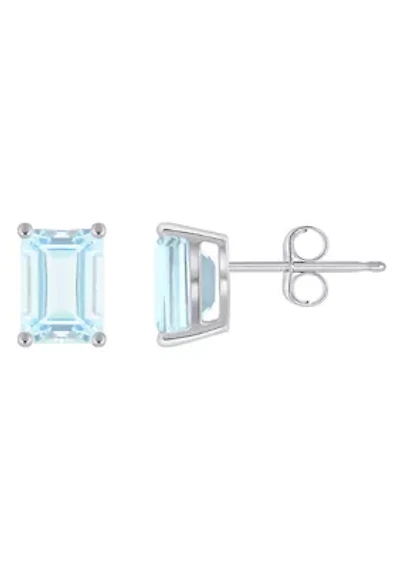 14K Gold 7x5mm Emerald Cut Aquamarine Stud Earrings