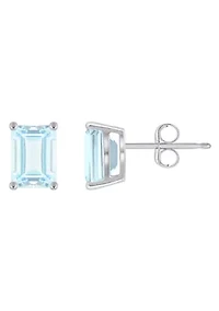 14K Gold 7x5mm Emerald Cut Aquamarine Stud Earrings