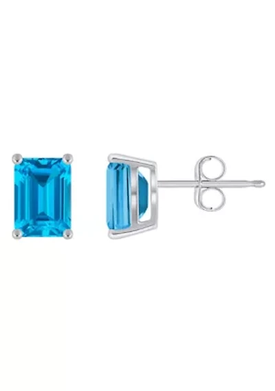 14K Gold 7x5mm Emerald Cut Blue Topaz Stud Earrings
