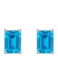 14K Gold 7x5mm Emerald Cut Blue Topaz Stud Earrings