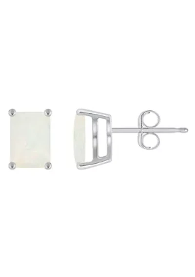 14K Gold 7x5mm Emerald Cut Opal Stud Earrings