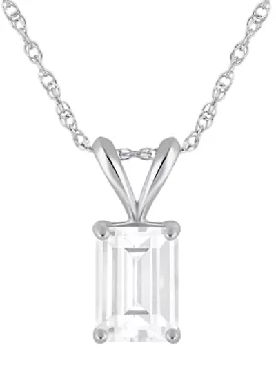 14K Gold 7x5mm Emerald Cut White Topaz Pendant Necklace