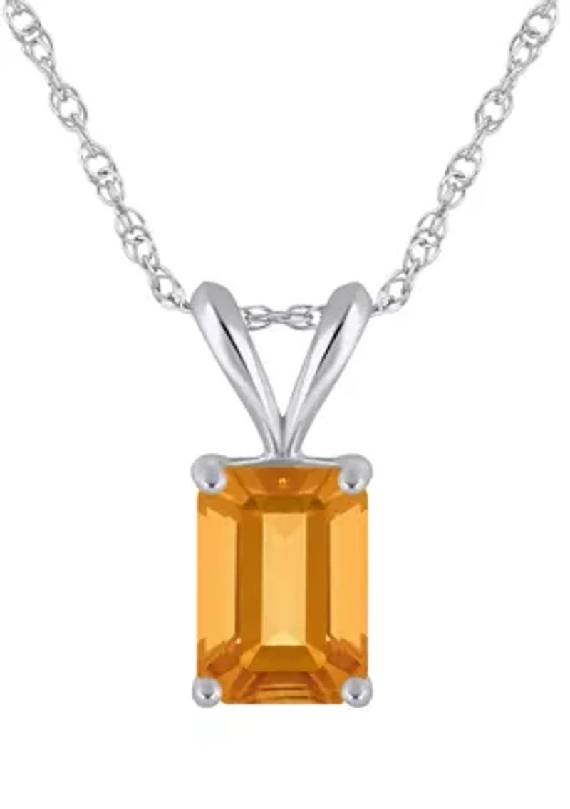 14K Gold 7x5mm Emerald Cut Citrine Pendant Necklace