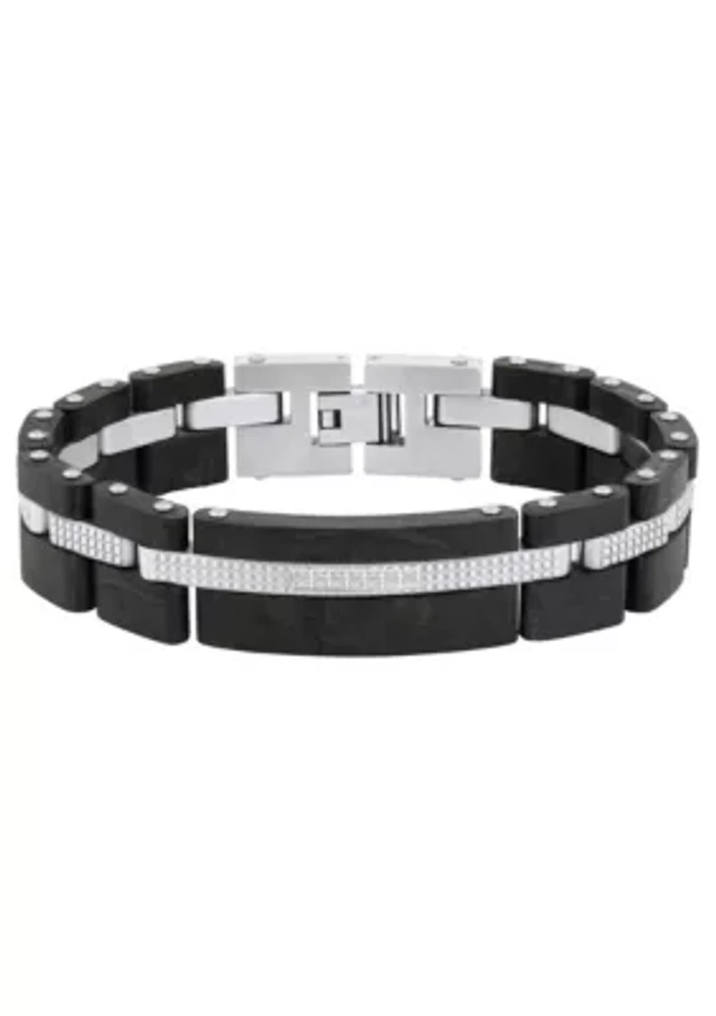 Men's Stainless Steel and Carbon Fiber Cubic Zirconia Two-Tone Bracelet