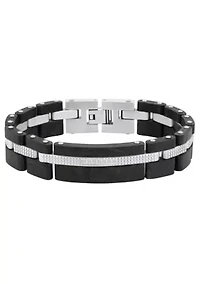 Men's Stainless Steel and Carbon Fiber Cubic Zirconia Two-Tone Bracelet