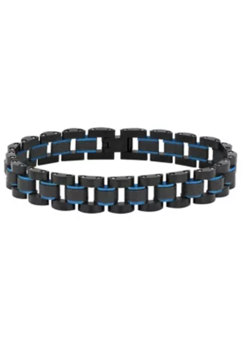 Men's Black and Blue Ion-Plated Stainless Steel and Carbon Fiber Two-Tone Bracelet