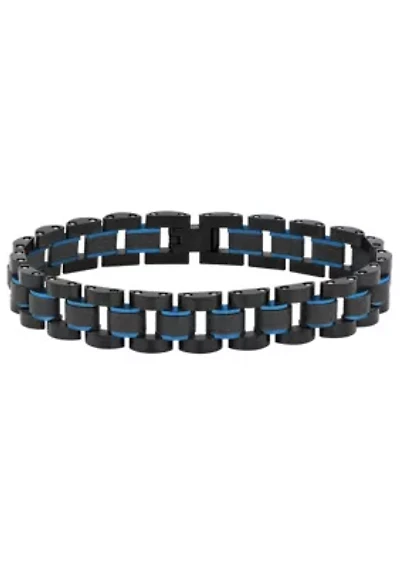 Men's Black and Blue Ion-Plated Stainless Steel and Carbon Fiber Two-Tone Bracelet