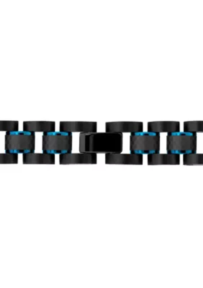 Men's Black and Blue Ion-Plated Stainless Steel and Carbon Fiber Two-Tone Bracelet