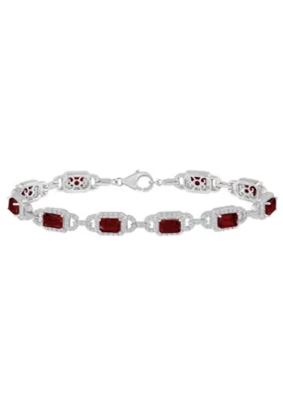 Sterling Silver 6x4mm Emerald Cut Garnet and White Topaz Accent Bracelet