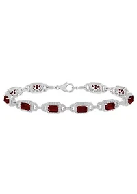 Sterling Silver 6x4mm Emerald Cut Garnet and White Topaz Accent Bracelet