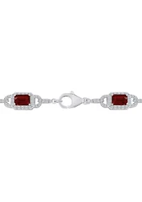 Sterling Silver 6x4mm Emerald Cut Garnet and White Topaz Accent Bracelet