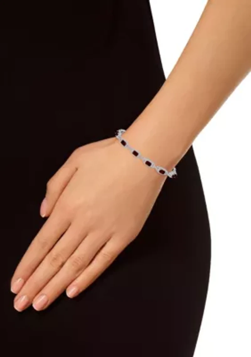 Sterling Silver 6x4mm Emerald Cut Garnet and White Topaz Accent Bracelet