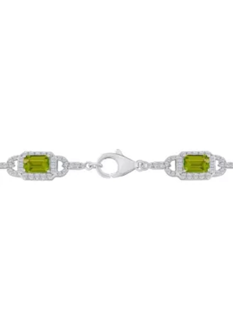 Sterling Silver 6x4mm Emerald Cut Peridot and White Topaz Accent Bracelet