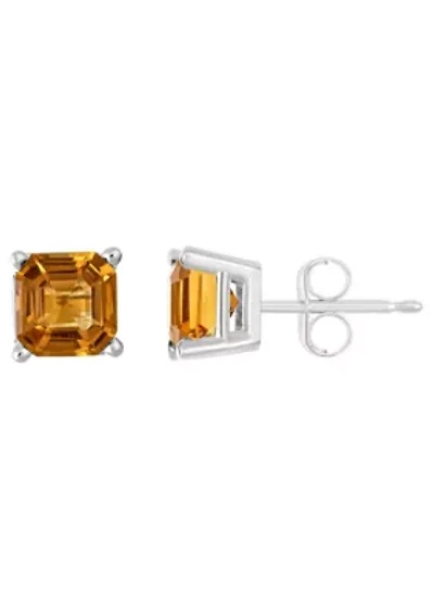 Sterling Silver 6mm Asscher Citrine Stud Earrings