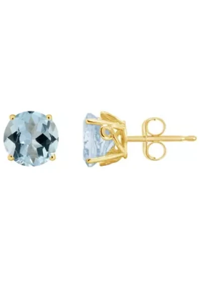14K Yellow Gold 7mm Round Aquamarine Stud Earrings