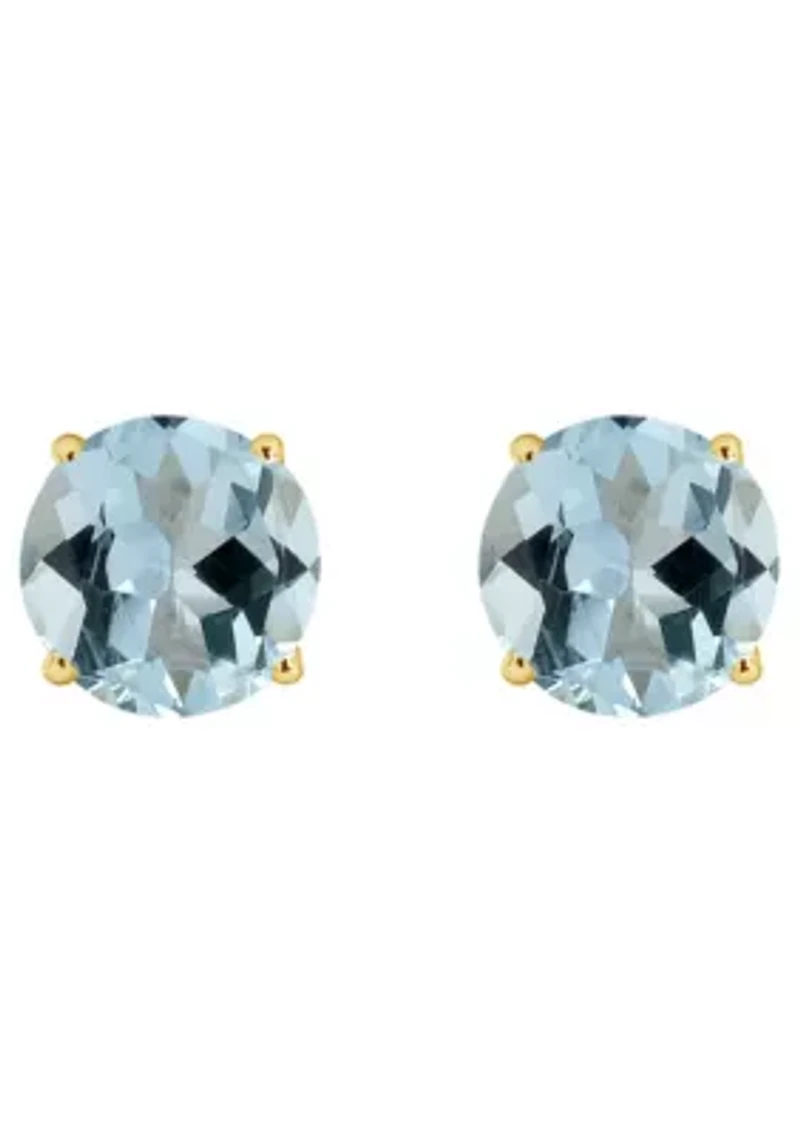 14K Yellow Gold 7mm Round Aquamarine Stud Earrings