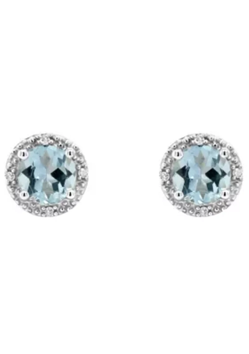 Sterling Silver 5mm Round Aquamarine Diamond Accent Halo Stud Earrings