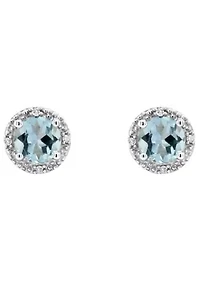 Sterling Silver 5mm Round Aquamarine Diamond Accent Halo Stud Earrings