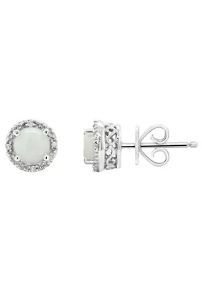 Sterling Silver 5mm Round Opal Diamond Accent Halo Stud Earrings