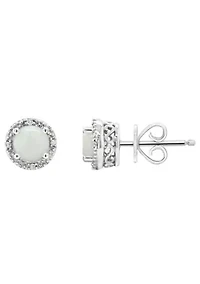 Sterling Silver 5mm Round Opal Diamond Accent Halo Stud Earrings