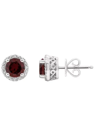 Sterling Silver 6mm Round Garnet Diamond Accent Halo Stud Earrings