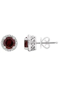Sterling Silver 6mm Round Garnet Diamond Accent Halo Stud Earrings