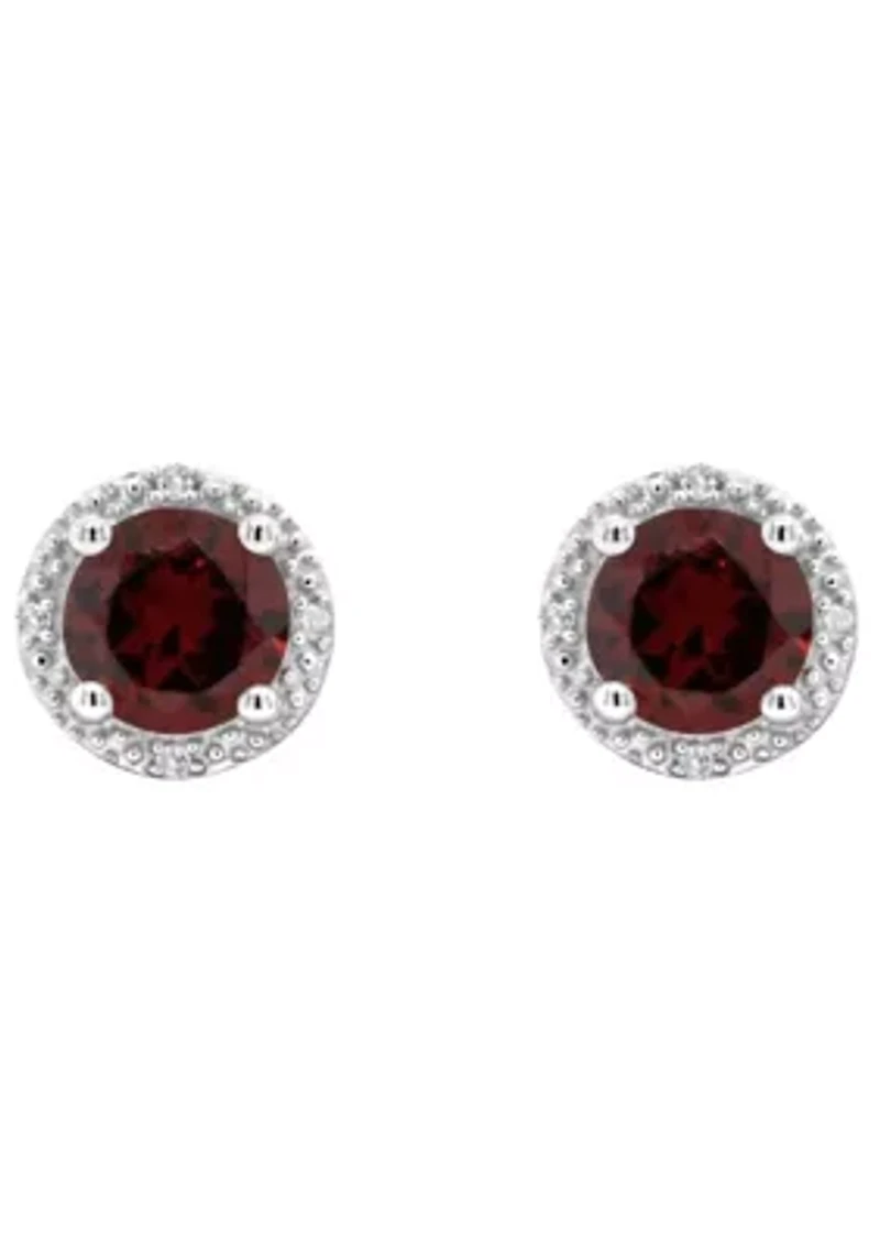 Sterling Silver 6mm Round Garnet Diamond Accent Halo Stud Earrings
