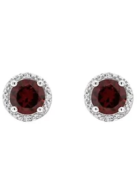 Sterling Silver 6mm Round Garnet Diamond Accent Halo Stud Earrings