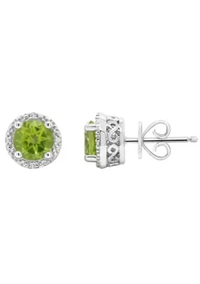 Sterling Silver 6mm Round Peridot Diamond Accent Halo Stud Earrings
