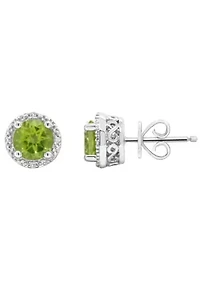 Sterling Silver 6mm Round Peridot Diamond Accent Halo Stud Earrings