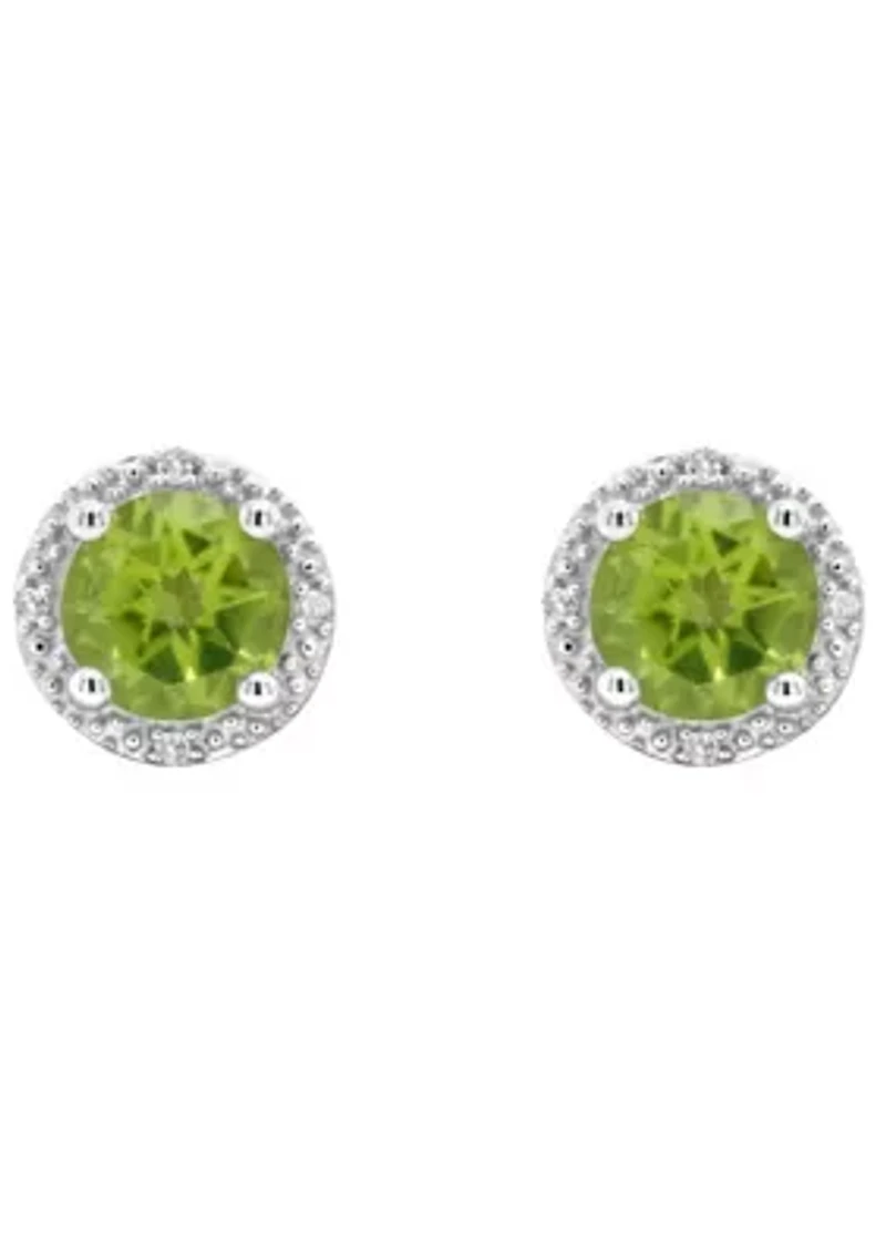 Sterling Silver 6mm Round Peridot Diamond Accent Halo Stud Earrings
