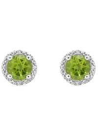 Sterling Silver 6mm Round Peridot Diamond Accent Halo Stud Earrings