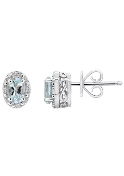 Sterling Silver 6x4mm Oval Aquamarine Diamond Accent Halo Stud Earrings