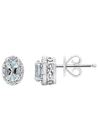 Sterling Silver 6x4mm Oval Aquamarine Diamond Accent Halo Stud Earrings