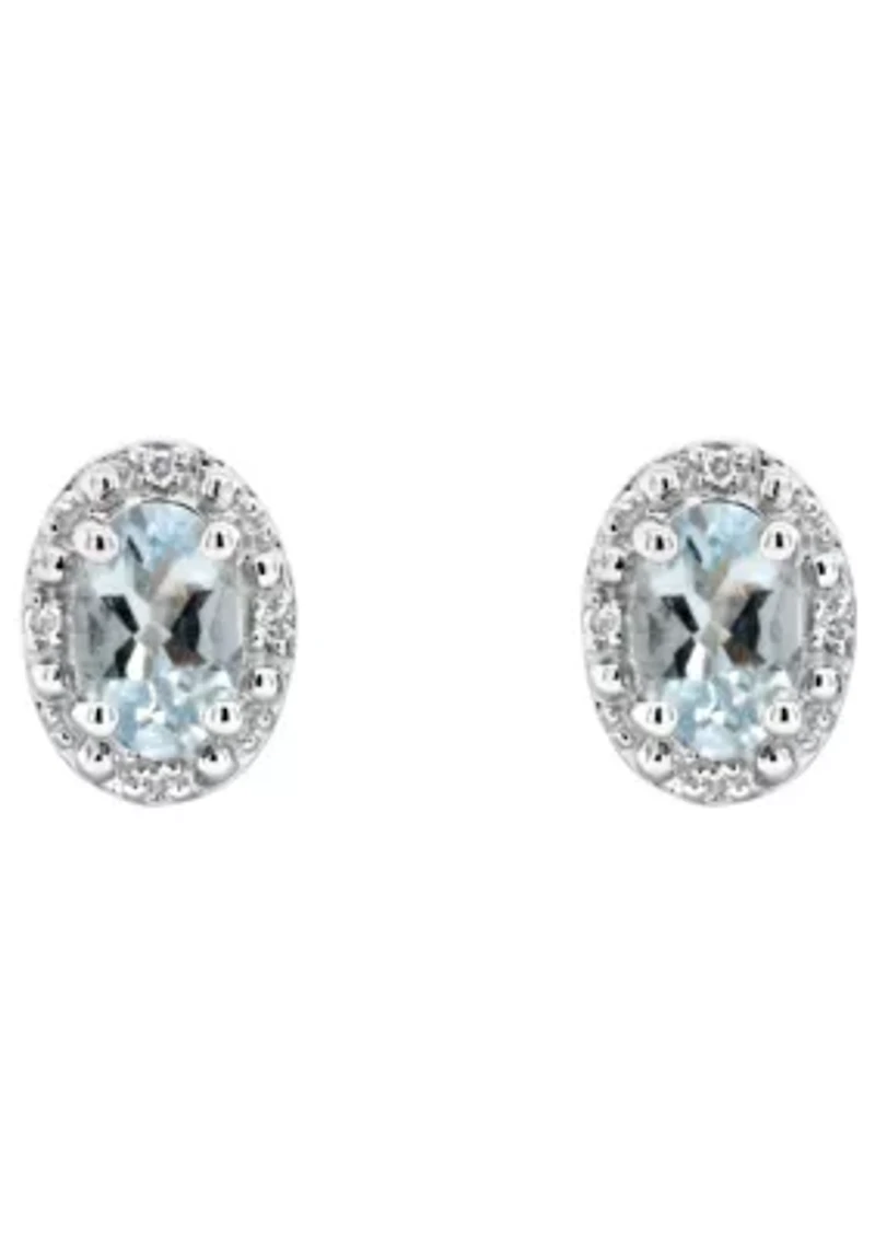 Sterling Silver 6x4mm Oval Aquamarine Diamond Accent Halo Stud Earrings