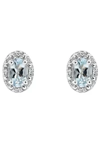 Sterling Silver 6x4mm Oval Aquamarine Diamond Accent Halo Stud Earrings