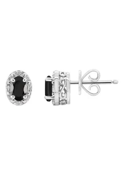 Sterling Silver 6x4mm Oval Black Agate Diamond Accent Halo Stud Earrings
