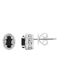 Sterling Silver 6x4mm Oval Black Agate Diamond Accent Halo Stud Earrings