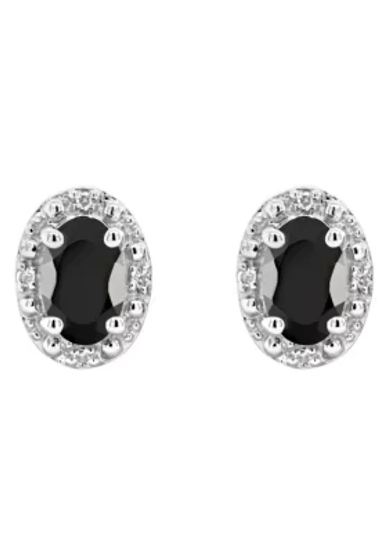 Sterling Silver 6x4mm Oval Black Agate Diamond Accent Halo Stud Earrings