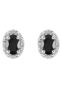 Sterling Silver 6x4mm Oval Black Agate Diamond Accent Halo Stud Earrings