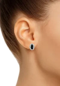 Sterling Silver 6x4mm Oval Black Agate Diamond Accent Halo Stud Earrings