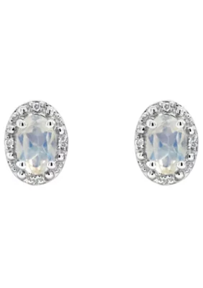 Sterling Silver 6x4mm Oval Moonstone Diamond Accent Halo Stud Earrings