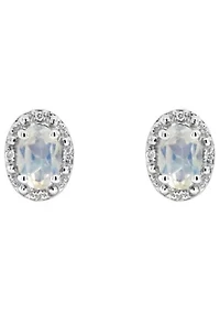 Sterling Silver 6x4mm Oval Moonstone Diamond Accent Halo Stud Earrings