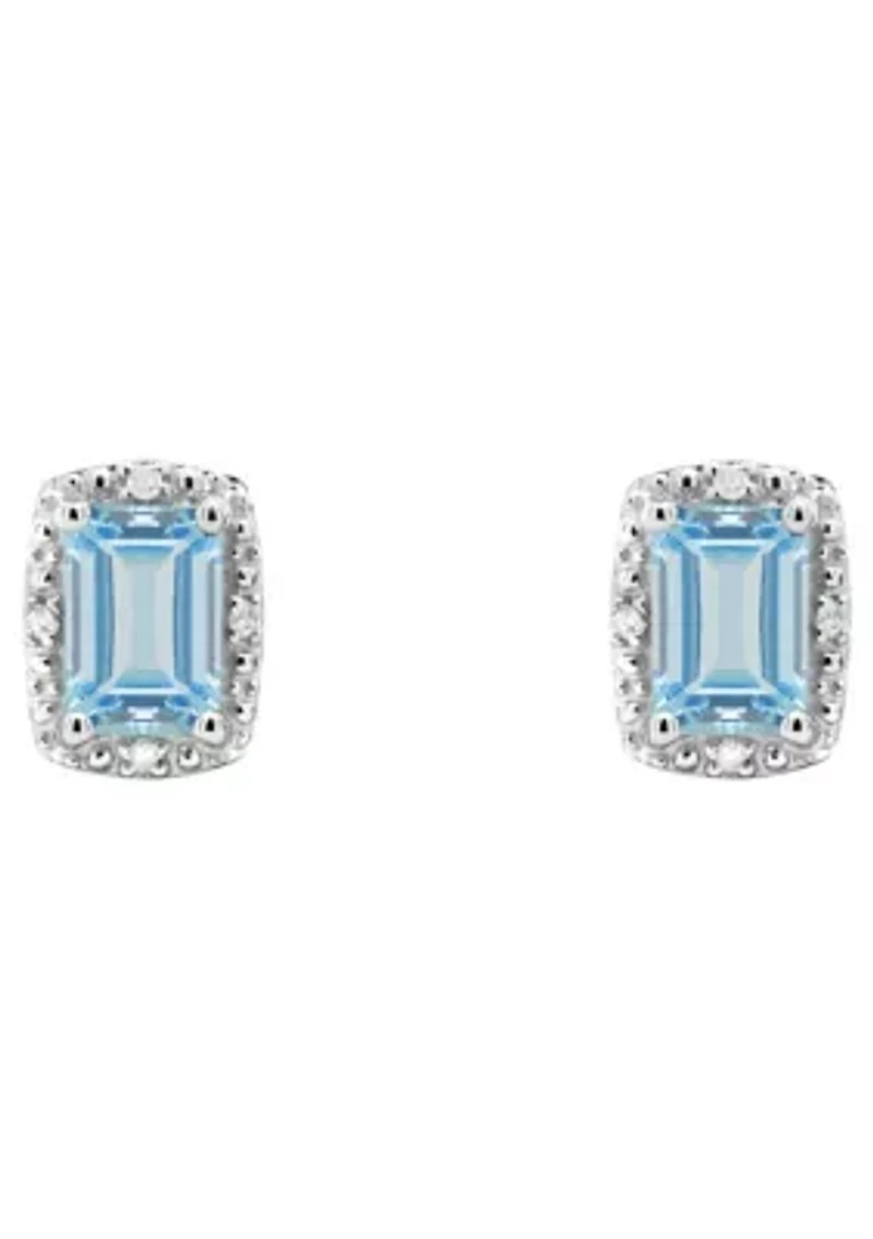 Sterling Silver 6x4mm Emerald Cut Aquamarine Diamond Accent Halo Stud Earrings