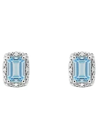 Sterling Silver 6x4mm Emerald Cut Aquamarine Diamond Accent Halo Stud Earrings